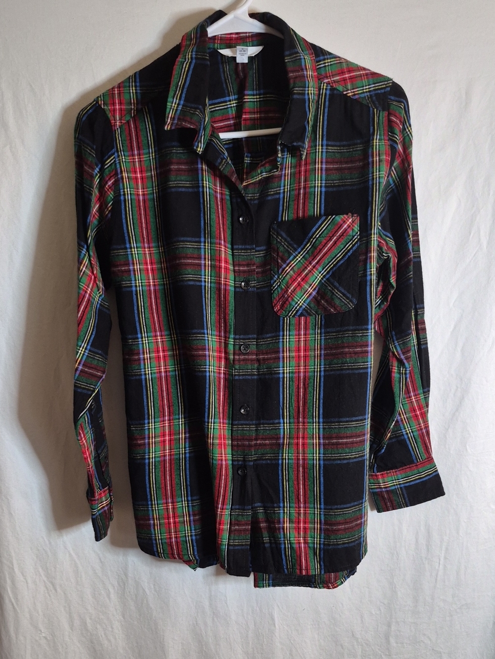 Time and Tru Black Plaid Button-Down Shirt with Red & Green Stripes